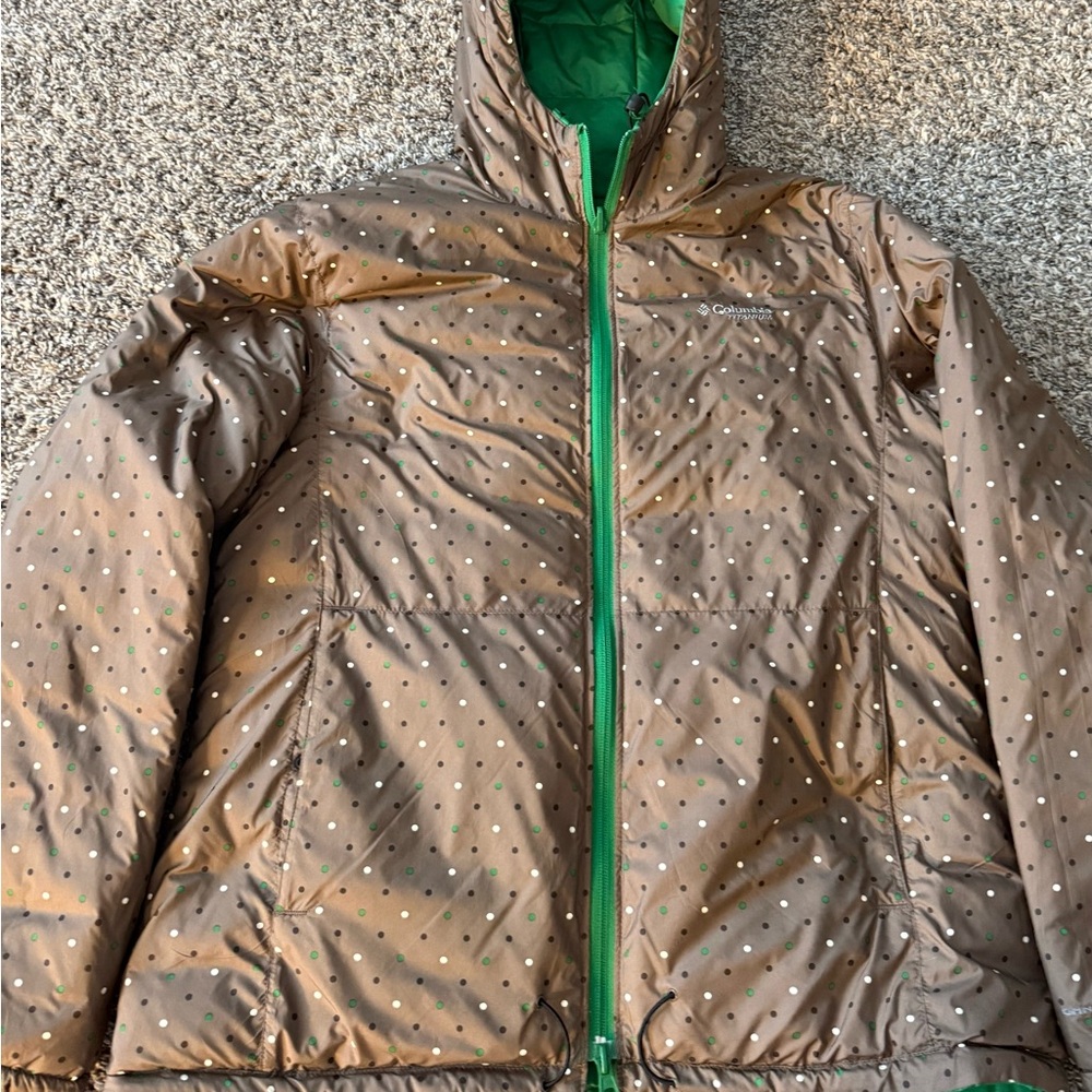 Columbia Quilted Hooded Jacket Bright Green reversible brownish polka dots. - Picture 2 of 7